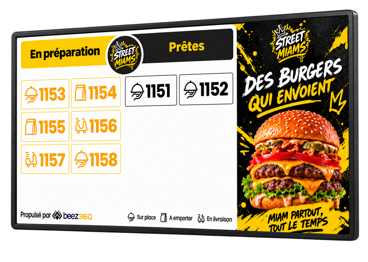 Écran mural BeezDisplay affichant les commandes en préparation et prêtes